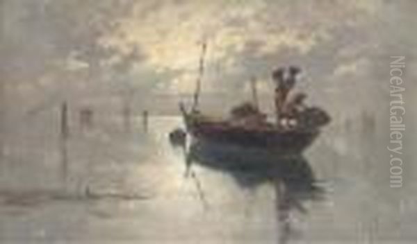 Fishermen On The Venetian Lagoon, Dusk Oil Painting by Giuseppe Vizzotto Alberti