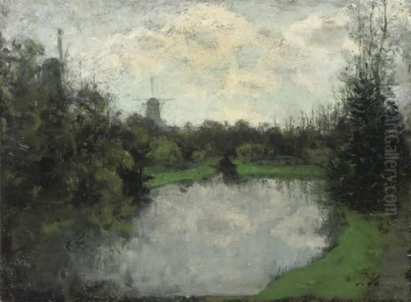 Windmills Near A Pond Oil Painting by Floris Verster