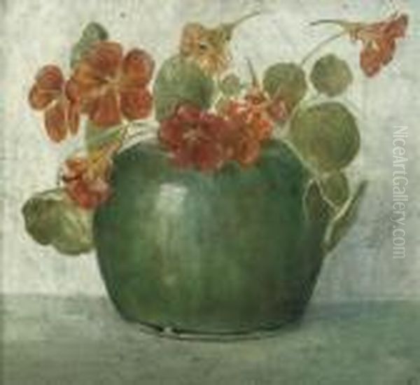 Indian Cress In A Green Ginger Jar Oil Painting by Floris Verster