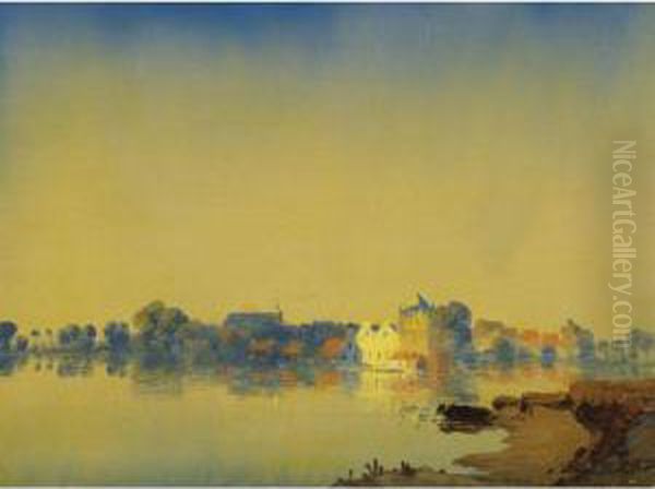 Dutch River With A Town In The Distance Oil Painting by Floris Verster