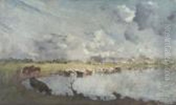 Cows Drinking In The Ijssel Oil Painting by Floris Verster