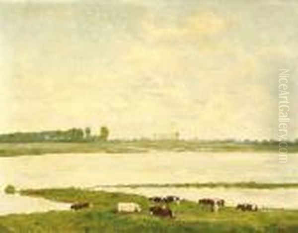 Landscape With Cows On The Ijssel River Oil Painting by Floris Verster