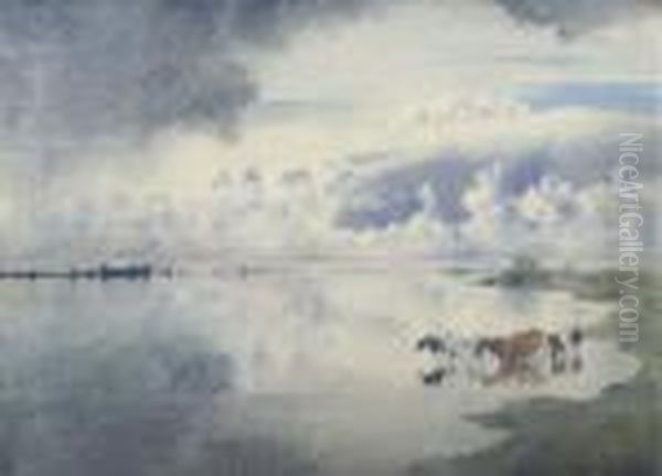 Watering Cows Along The River Ijsel Oil Painting by Floris Verster