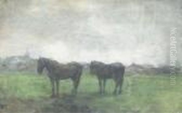 Horses In A Meadow Near Hattem Oil Painting by Floris Verster