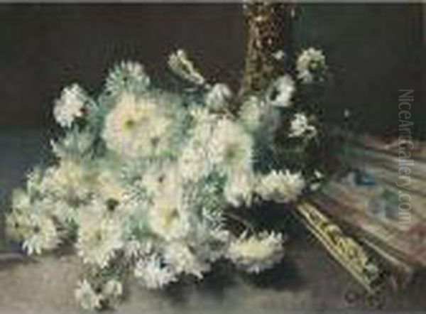 A Still Life With Chrysanthemums And A Fan Oil Painting by Guillaume Vogels