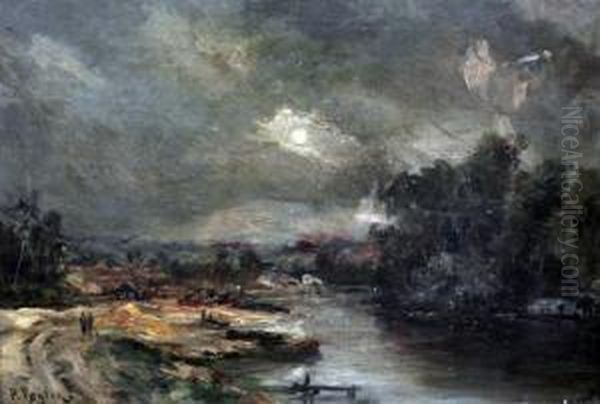 River Landscape Under Moonlight Oil Painting by Paul Vogler