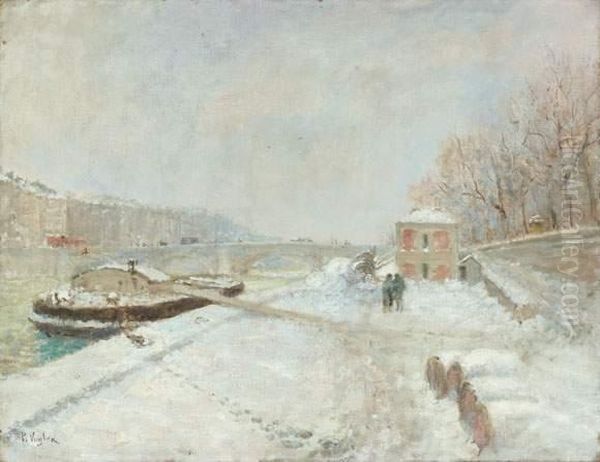 Pont Marie Sous La Neige
 Huile Sur Toile, Signee En Bas A Gauche Oil Painting by Paul Vogler