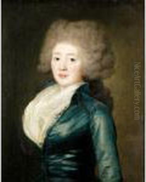 Portrait Of A Lady Half Length, Wearing A Blue Satin Dress Oil Painting by Jean Louis Voille