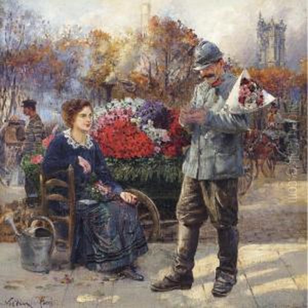 Flower Seller Near The Tour Saint Jacques Oil Painting by Leon Joseph Voirin