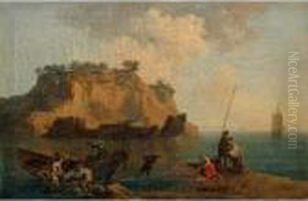 Vue D'un Rivage Mediterraneen Anime De Pecheurs Oil Painting by Pierre-Jacques Volaire