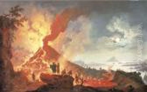 Vesuvius Erupting At Night With Onlookers, The Bay Of Naplesbeyond Oil Painting by Pierre-Jacques Volaire