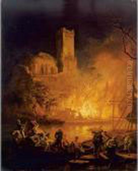 A River Landscape With Figures Fleeing A Burning City Oil Painting by Pierre-Jacques Volaire