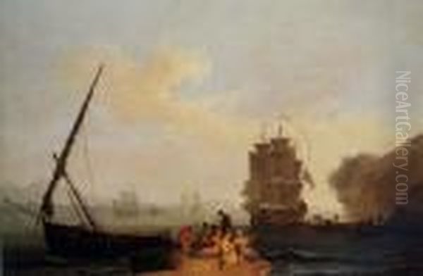 Mediterranean Bay With A Merchantman Unloading Oil Painting by Pierre-Jacques Volaire