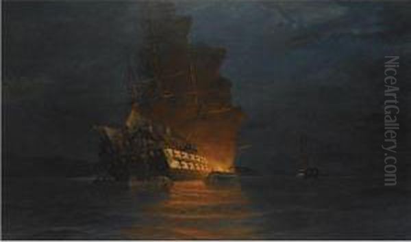 Burning Of A Turkish Flagship Oil Painting by Constantinos Volanakis