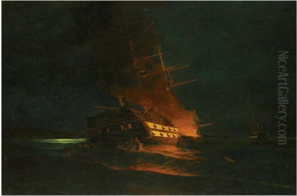 The Burning Of A Turkish Frigate Oil Painting by Constantinos Volanakis