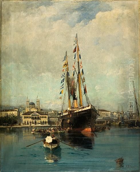 Departure From Piraeus To Tinos Oil Painting by Constantinos Volanakis