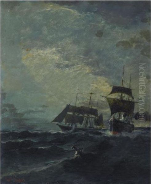 Boats At Sea Oil Painting by Constantinos Volanakis