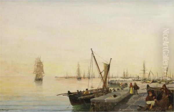 A Busy Harbour Oil Painting by Constantinos Volanakis