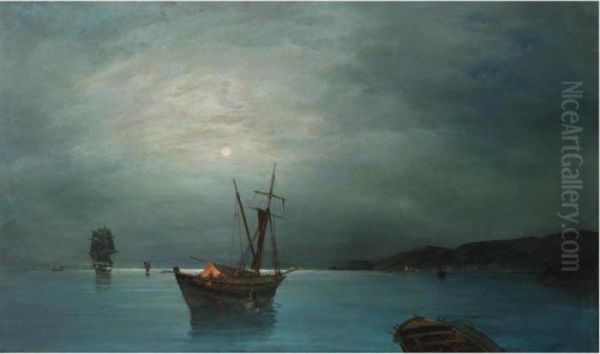 Sailing Vessels By Moonlight Oil Painting by Constantinos Volanakis