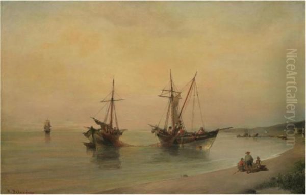 Fishing Boats Near The Shore Oil Painting by Constantinos Volanakis