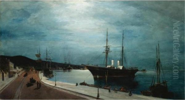 Harbour Of Volos By Moonlight Oil Painting by Constantinos Volanakis