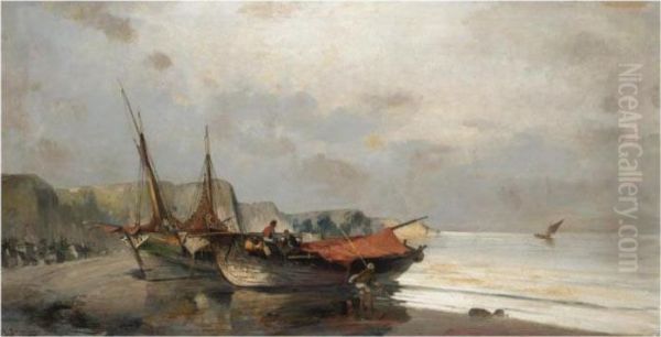 Fishing Boats Along The Shore Oil Painting by Constantinos Volanakis