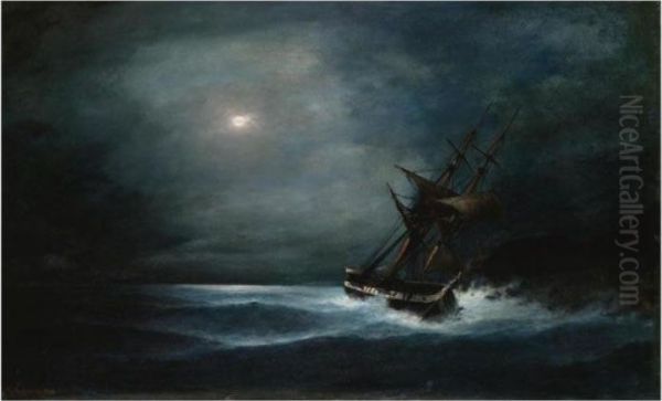 Frigate In The Moonlight Oil Painting by Constantinos Volanakis