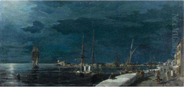 Volos Harbour At Night Oil Painting by Constantinos Volanakis