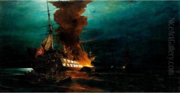 The Burning Of A Turkish Frigate Oil Painting by Constantinos Volanakis