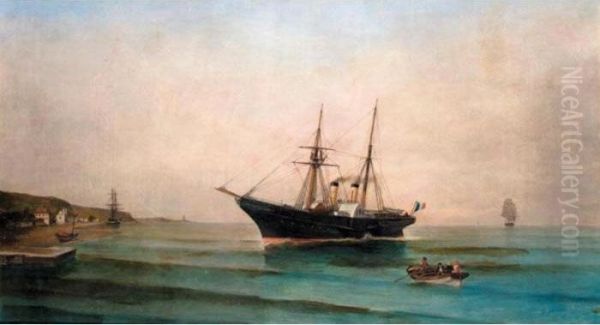 A French Steamer In A Greek Harbour Oil Painting by Constantinos Volanakis