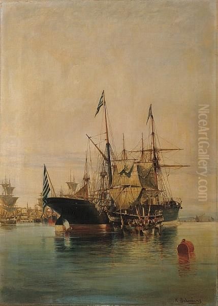 Harbour Scene Oil Painting by Constantinos Volanakis