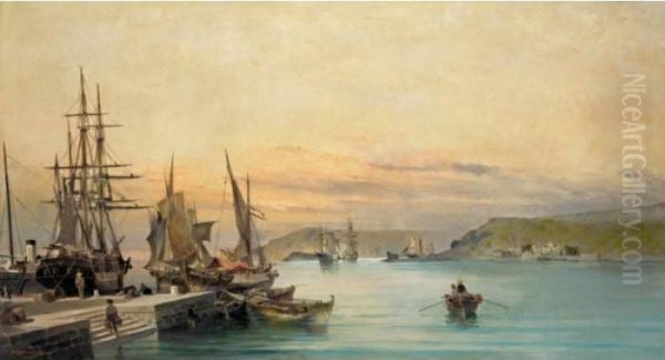 Admiring The Ships In A Greek Harbour Oil Painting by Constantinos Volanakis