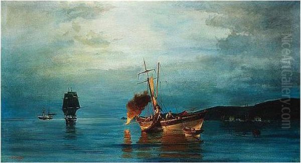 Pyrophani - Fire Fishing Oil Painting by Constantinos Volanakis