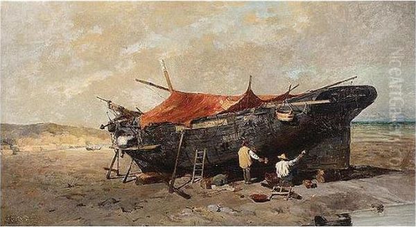 Repairing The Boat Oil Painting by Constantinos Volanakis