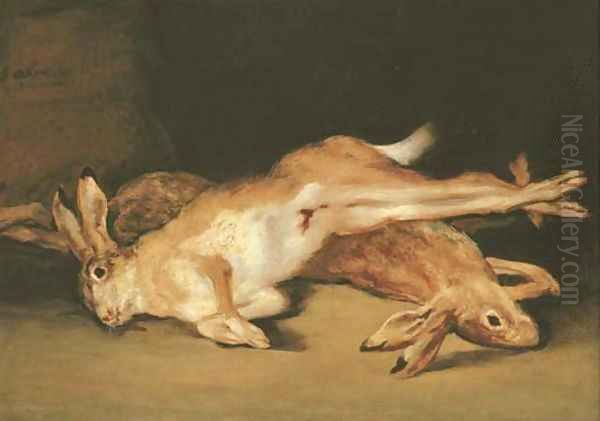 A Still life of dead hares Oil Painting by Francisco De Goya y Lucientes