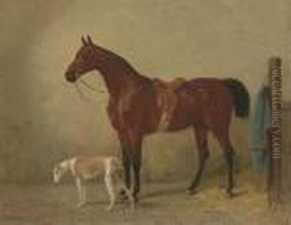 A Saddled Bay Hunter In A Stable With A Dog Oil Painting by Emil Volkers