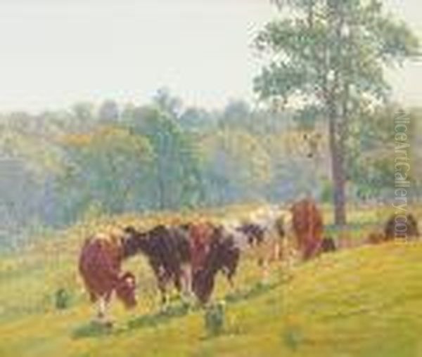 Cattle Grazing At Midday Oil Painting by Edward Charles Volkert