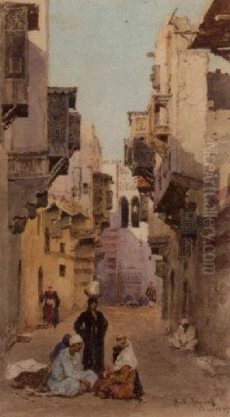 Figures Conversing On A Street In Cairo Oil Painting by Aleksandr Nikolaev. Volkov Muromzoff