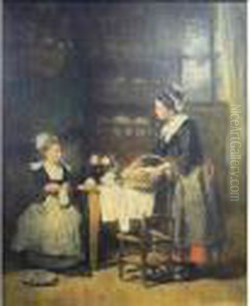 Mere Et Fille Cousant Oil Painting by Alexis Vollon