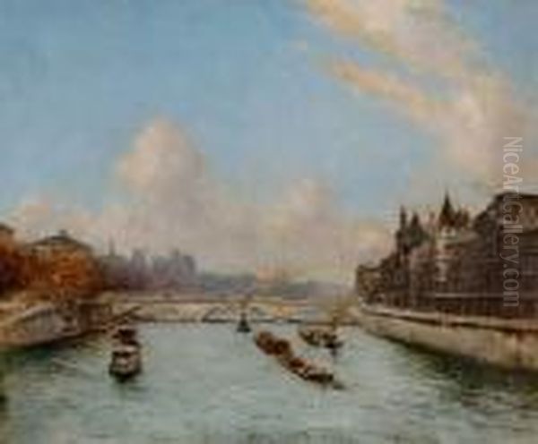 La Seine A Paris Pres Du Palais De Justice Oil Painting by Alexis Vollon