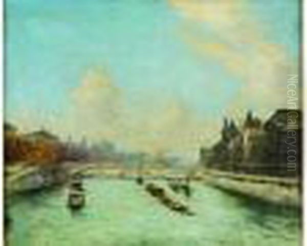  La Seine A Paris Pres Du Palais De Justice  Oil Painting by Alexis Vollon