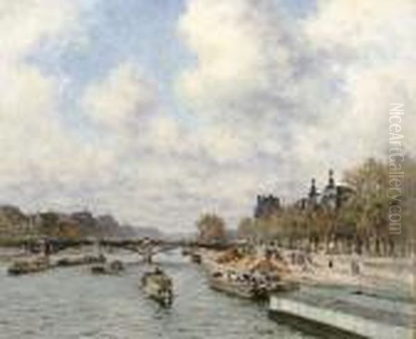 Le Pont Des Saints-peres With Peniches On The Seine Oil Painting by Alexis Vollon