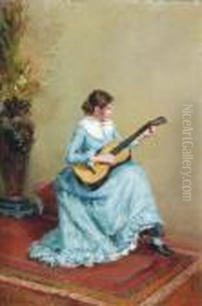 A Young Lady Musician In An Interior Oil Painting by Alexis Vollon