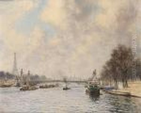 View Of The Seine Looking Towards The Eiffel Tower And Pont Alexandre Iii Oil Painting by Alexis Vollon