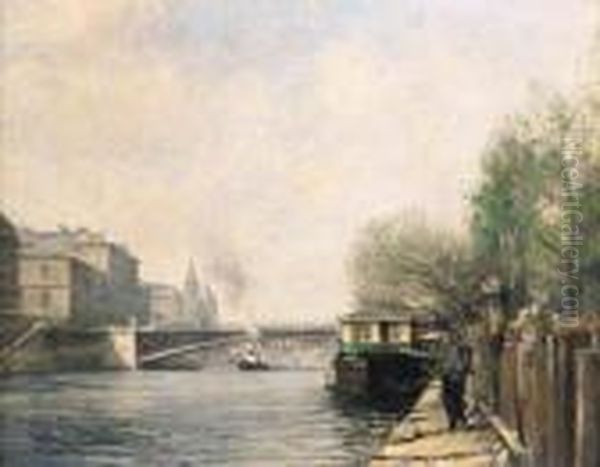 On The Banks Of The River Seine Oil Painting by Alexis Vollon