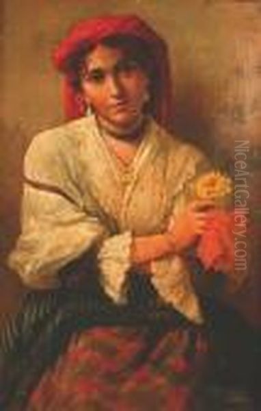 Portrait Of A Young Girl With Flowers Oil Painting by Vincenzo Volpe