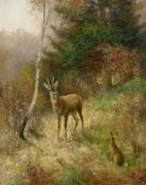 Waldlichtung Mit Rehbock Und Hase Oil Painting by Ludwig Gustav Voltz