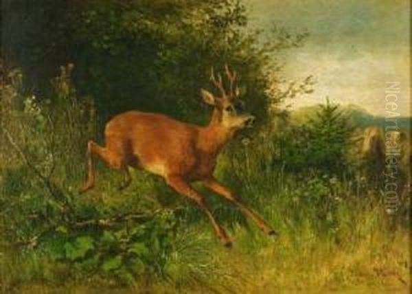 Startled Out Of Cover/ Landscape With A Leaping Deer Oil Painting by Ludwig Gustav Voltz