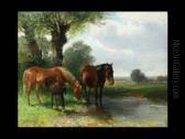 Pferde An Der Tranke Oil Painting by Ludwig Gustav Voltz