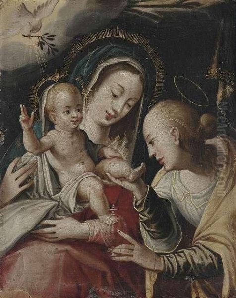 Madonna And Child With Saint Barbara. Oil Painting by Hans Von Aachen